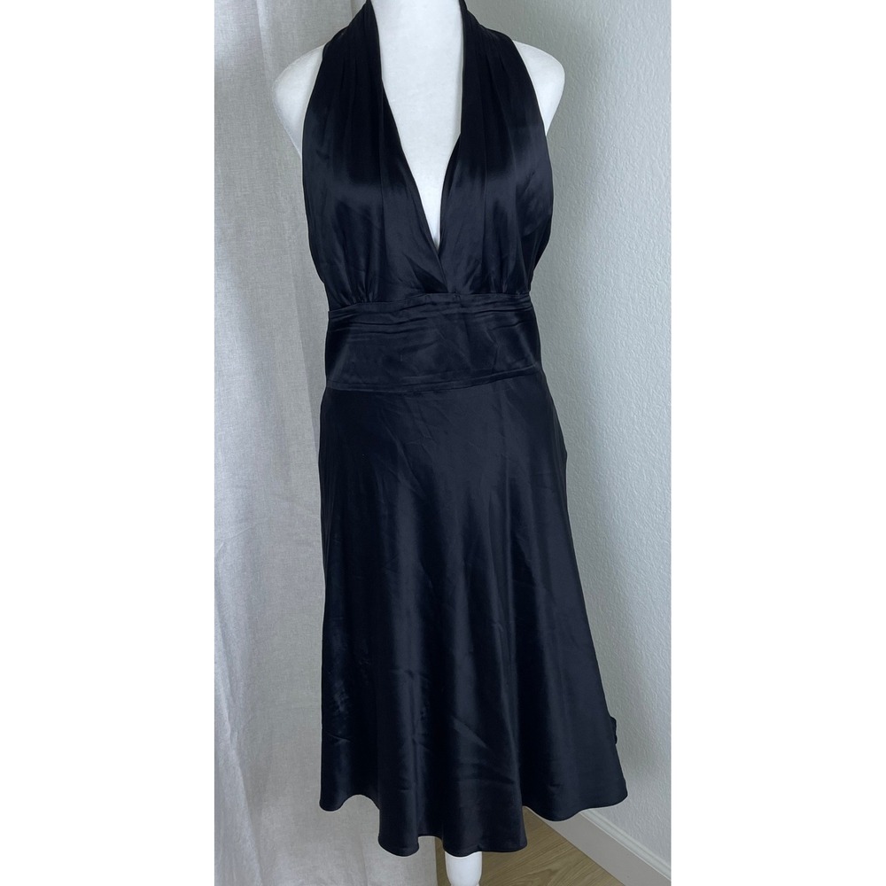 Miguelina Halter Midi Dress Womens L Black Good Silk Blend Open Back V-Neck